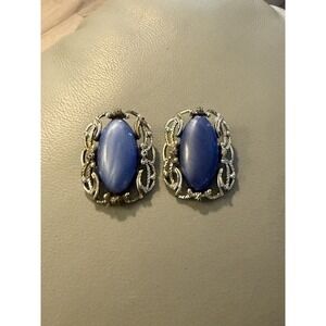 Vintage Mid Century Sarah Coventry Carousel Blue Cabochon Clip On Earrings #447